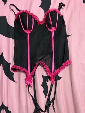 Black & Hot Pink Lace Trim Bustier Corset Top